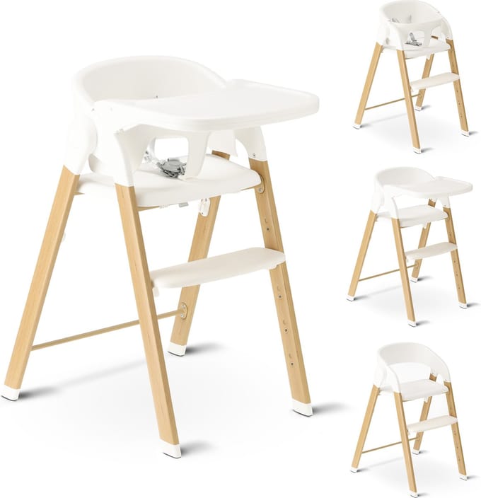 Deryan Luxe Kinderstoel - Meegroeiend - Inklapbaar - Wit/Houtlook