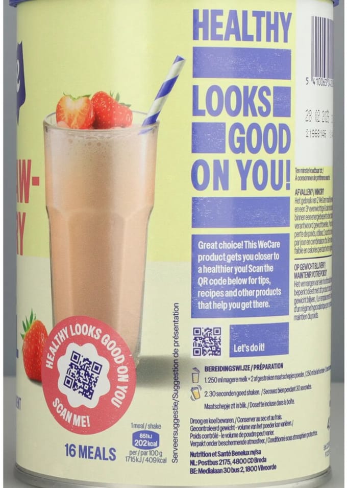 WeCare Meal Replacement Shake Strawberry - 6 x 436 gr - Voordeelverpakking