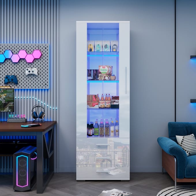 Witte hoogglans vitrine - glazen vitrine - verticale vitrine met LED-verlichting - verticale vitrine met 3 laden - 60 x 35 x 180 cm