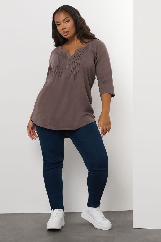 Yours Mocha Brown Pintuck Henley Top Size 42