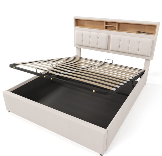 COVREO Bedframe 140x200 cm, beige, verstelbaar hoofdbord, zonder matras