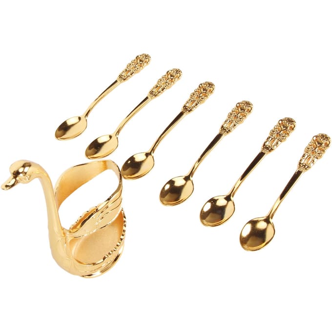 6 stuks Koffielepel Set Exquise Decoratieve Metalen Lepels met Basis Houder voor Dessert IJs Taart Goudkleurig beige