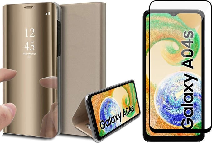 Hoesje geschikt voor Samsung Galaxy A04s / A13 5G - Screen Protector FullGuard - Book Case Spiegel Goud & Screenprotector