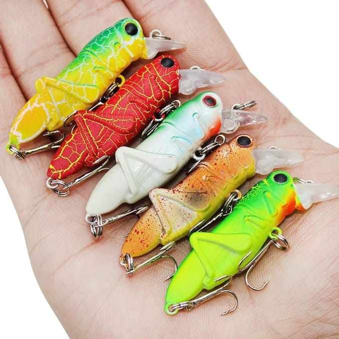5-delige kunstmatige sprinkhaan aas set voor baars, topwater aas en visvangstaccessoires