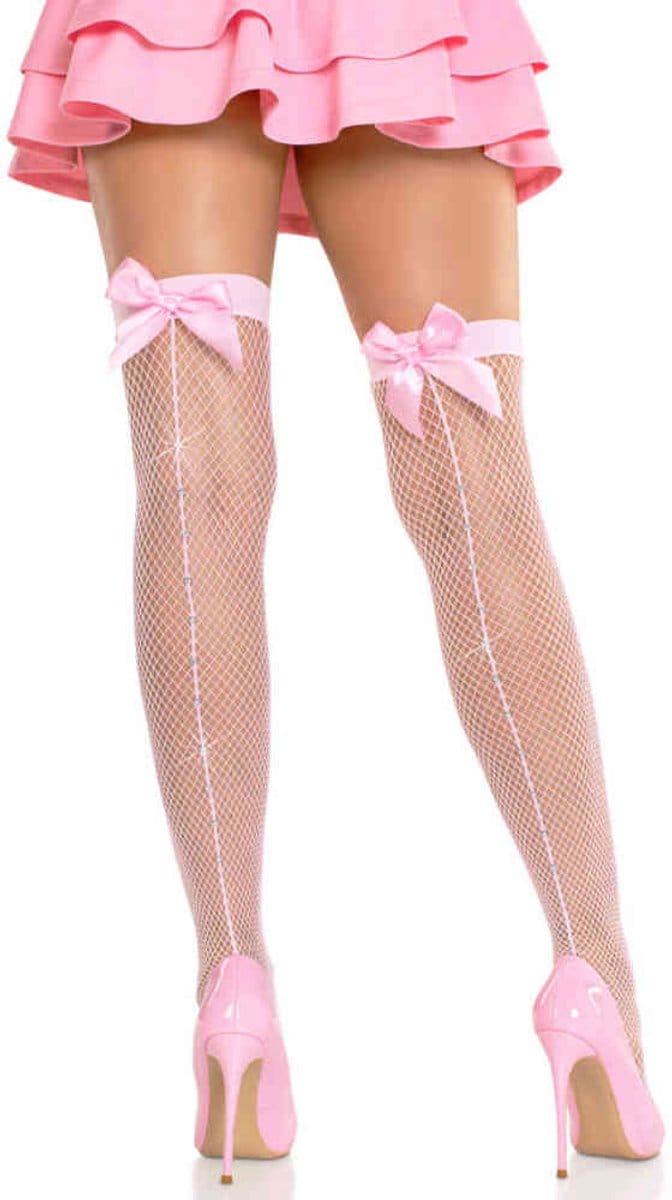 Leg Avenue - Fishnet with Satin Bow Backseam Thigh high kousen - Roze