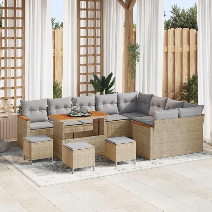 vidaXL - Tuinbank - Set - 13 - st - 9-zits - Beige - [Synthetisch]: - Poly - Riet