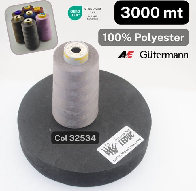 1 Bobijn A&E/GUTERMANN OVERLOCK GAREN van 3000 Meter, 100 % Polyester, Kleur 32534 GRIS