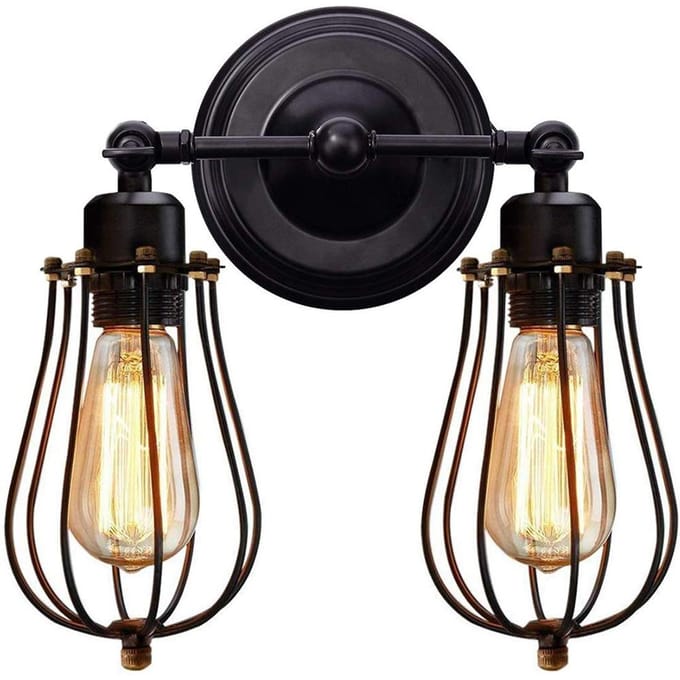 Wandlamp met dubbele kop Industrieel Draadkooi Wandlicht Vintage Stijl Wandlamp black