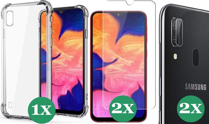 Hoesje geschikt voor Samsung Galaxy A10 - 2x Screenprotector Glas & 2x Camera Screen Protector - Transparant Shock Case