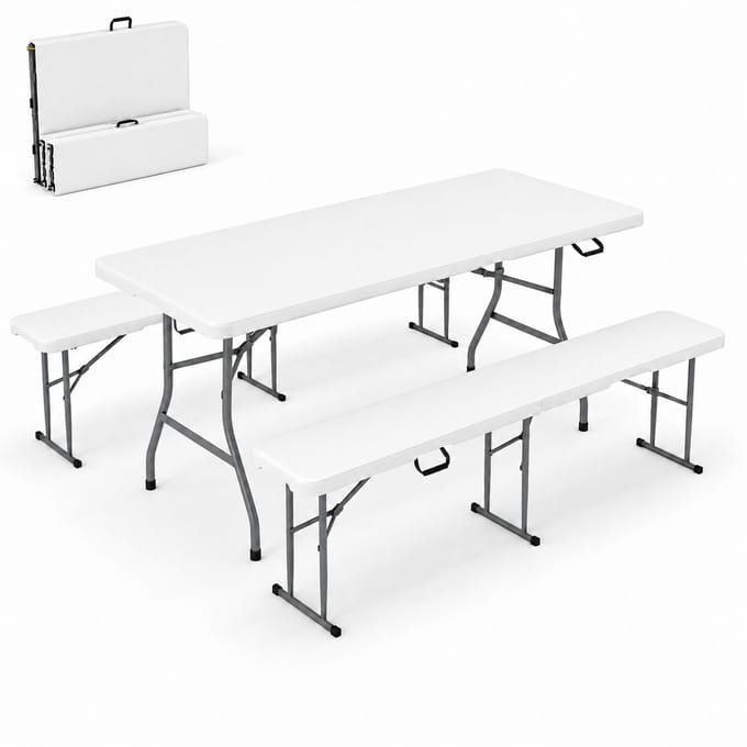 ADSafety Inklapbare Tafel met 2 Tuinbanken - Campingtafel - Picknicktafelset - Klaptafel Buiten - Wit
