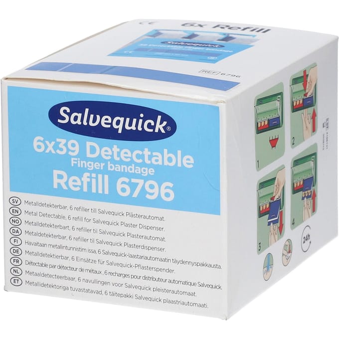 Salvequick Refill 6796 - detectable lange vingerpleister - 6 x navulling - HACCP blauw