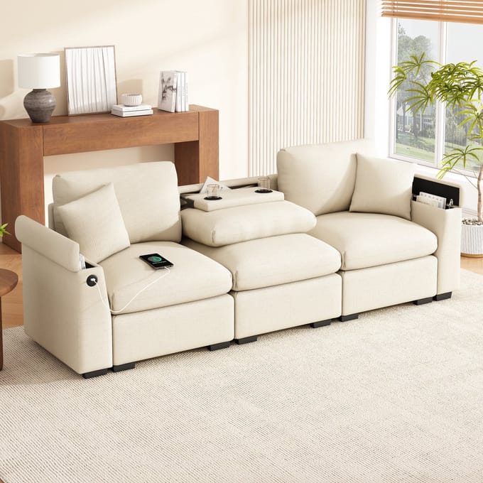 STILVORA Sofa - Modern 3-zitsbank - Met Klapbare Rugleuning & USB Aansluiting - Multifunctioneel Voor Woonkamer, Kantoor & Thuisbioscoop - Chenille Beige