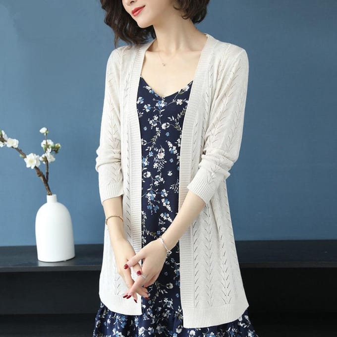 Cardigan tricoté pour femme, manteau fin mi-long, à l'extérieur, printemps et automne S beige