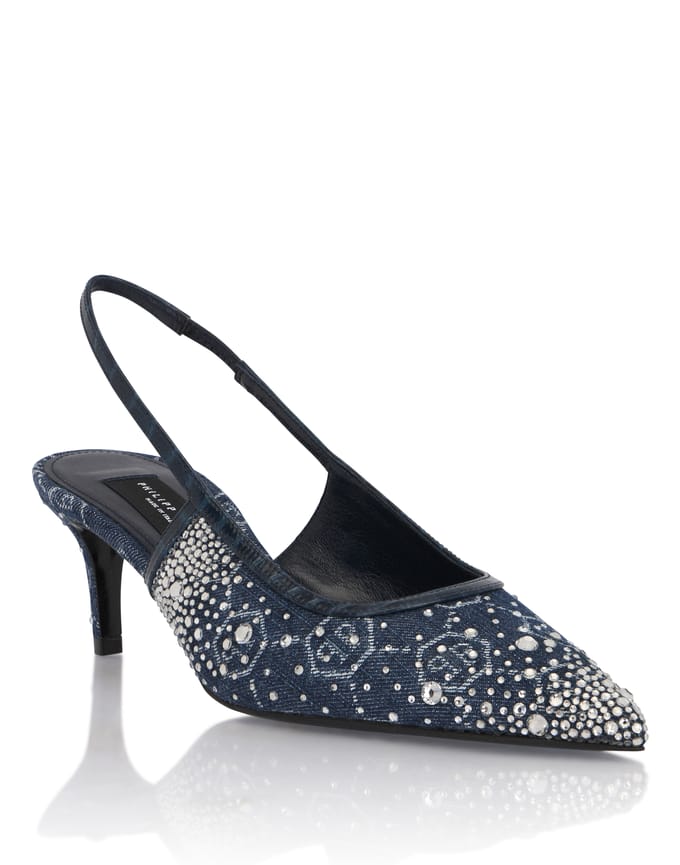 Denim Mid Heels Slingbacks Monogram Strass