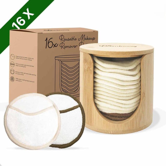 16 Herbruikbare Wattenschijfjes + Bamboe Houder - 12x Dagelijks 4x Scrub 4 laags - Wasbare Wattenschijfjes Makeup Pads Zero Waste