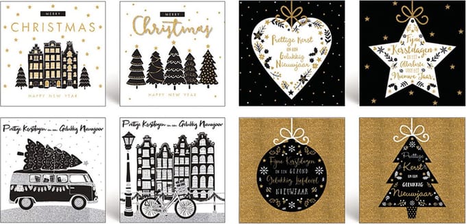 100 Luxe dubbele Kerstkaarten - Folie - 8 motieven - Witte envelop - 10 x 10 cm