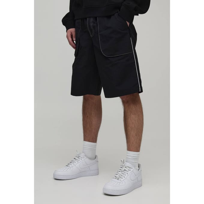 Wijde Lange Nylon Short Met Contrasterende Stiksels | Black | Size Medium
