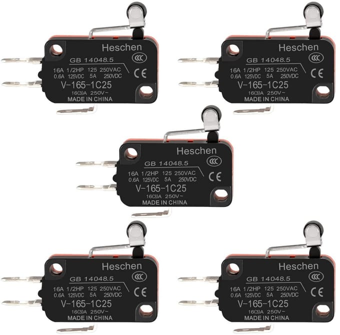 Jhubersproducts - Micro Switch - Schakelaar - Korte Roller Lever - Rood - 5 Stuks - 16A 250VAC - Geschikt voor Panel Mount - Kleur Rood