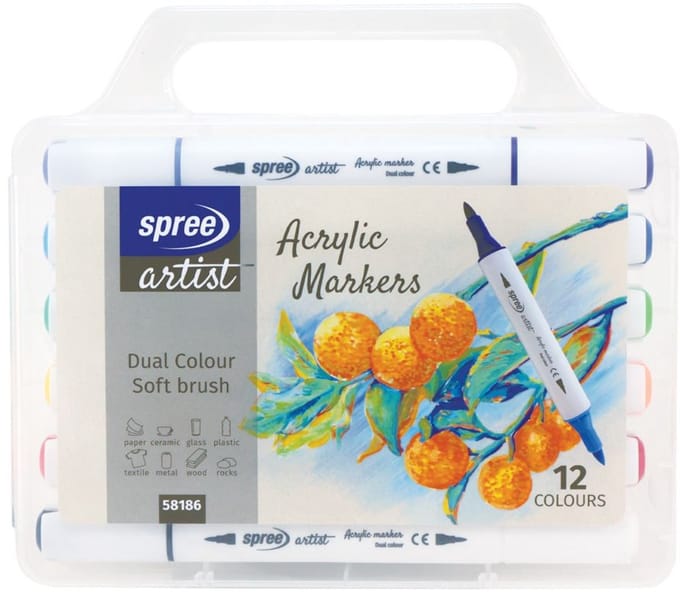 Harlekijn acryl markers set - driehoekig, 12 kleuren, PP box.