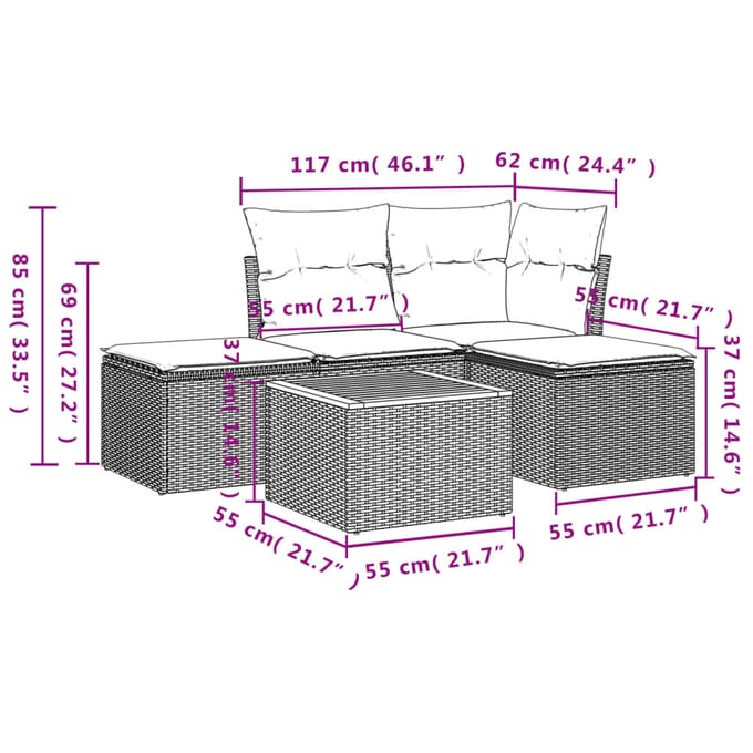 vidaXL - 5-delige - Loungeset - met - kussens - poly - rattan - beige