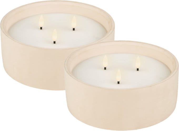 Lumineo LED kaars/stompkaars - 2x st - met 3 lonten - beton wit - D20 x H8 cm - buiten