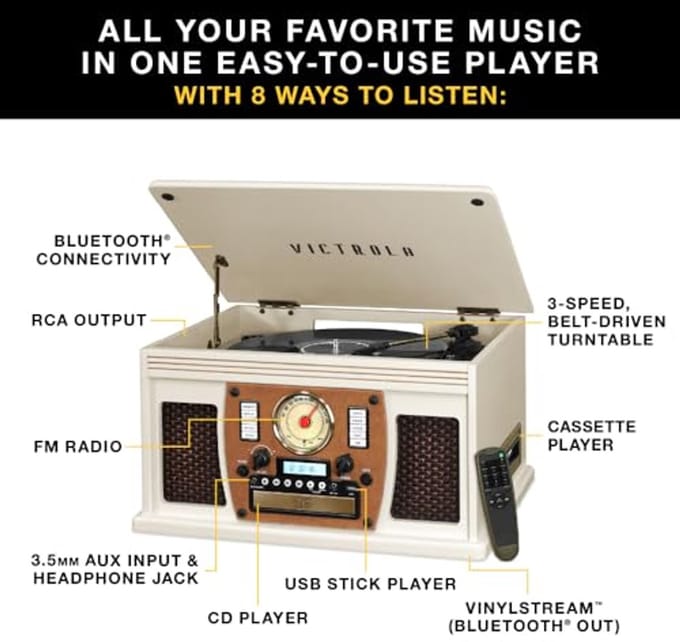 Nostalgische 8-in-1 Bluetooth Draaitafel Entertainment Center van Hout