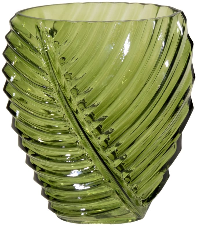 Mega Collections Bloemenvaas Leafy - groen - glas - blader relief - 11 x 21 cm