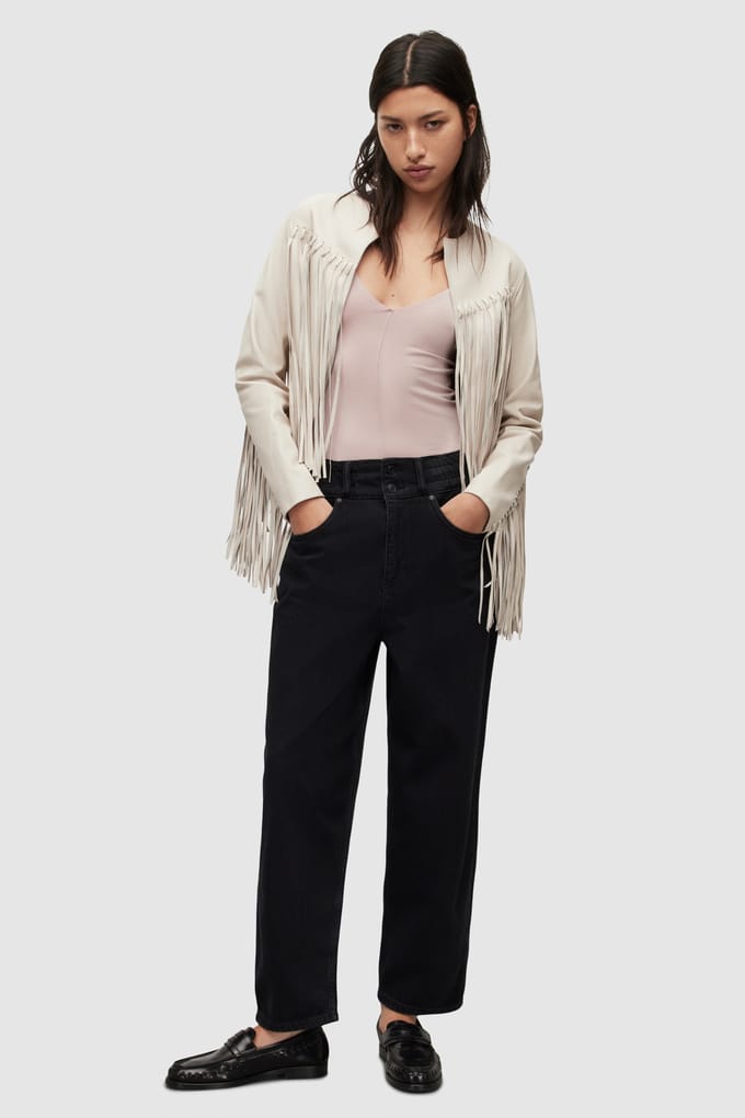 AllSaints Reema Tassel Jacket White Größe: 8 | Lederjacken Outlet | Damen | Weiß