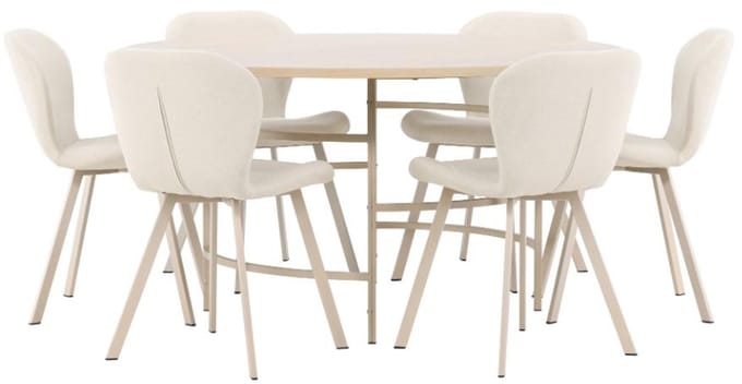 Copenhagen eethoek tafel Ø140cm en 6 stoelen whitewash, beige.