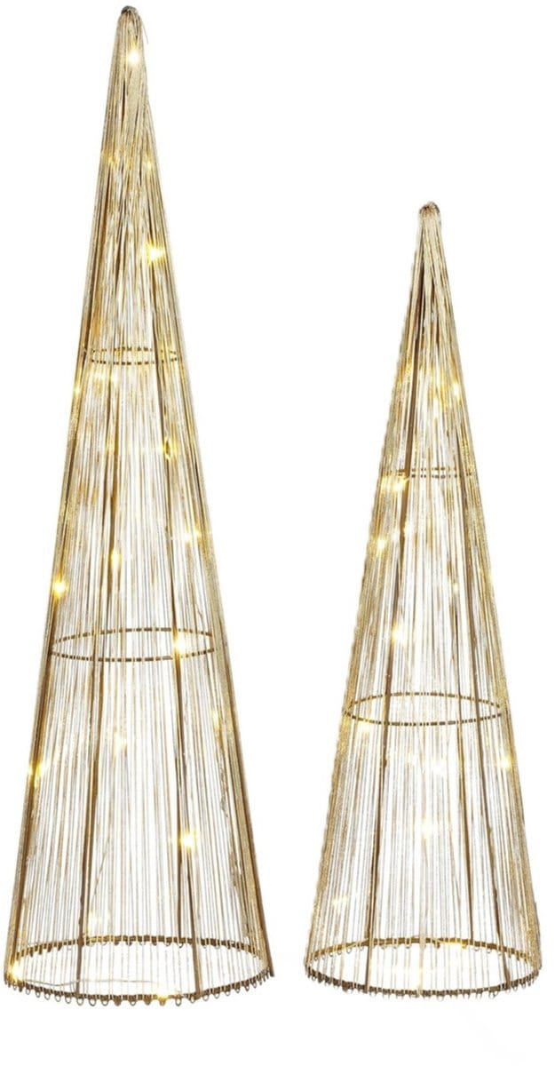 Mica Decorations LED kegels set - kerstboom lampen - goud - polyester/metaal - H50 en H40 cm