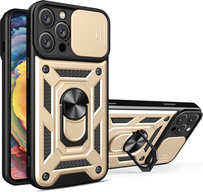 MobyDefend Hoesje - Geschikt voor iPhone 16 Pro Max - Pantsercase Met Draaibare Ring - Goud