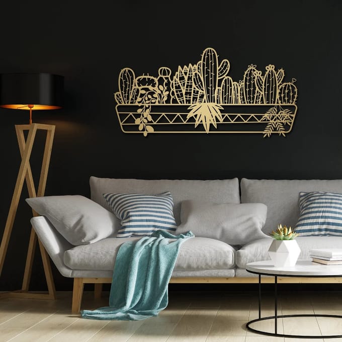 Metalen Wanddecoratie Cactus – 3D Wandkunst – Goud – 96 x 48 cm