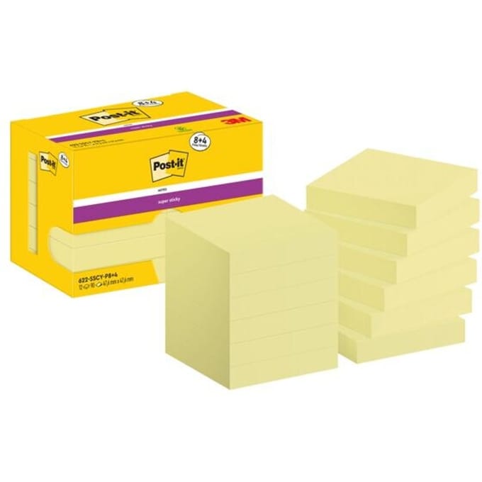 Post-It Super Sticky Notes | 90 vel | ft 47 | 6 x 47 | 6 mm | geel | 8 + 4 GRATIS