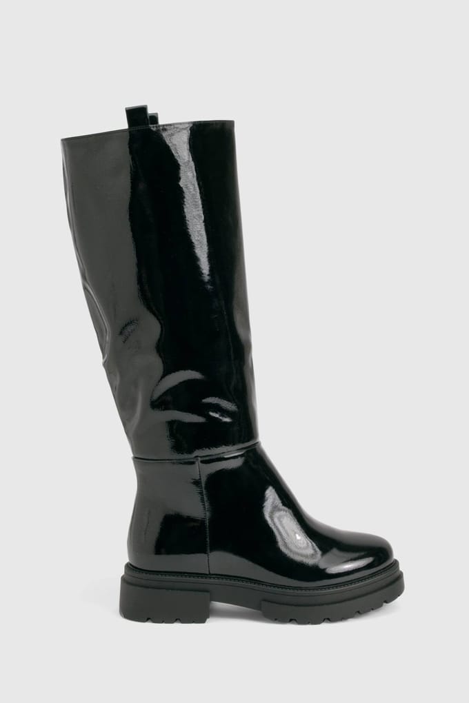 boohoo Dames Wijd passende Crinkle Tab kniehoge laarzen | Black | Maat: 4