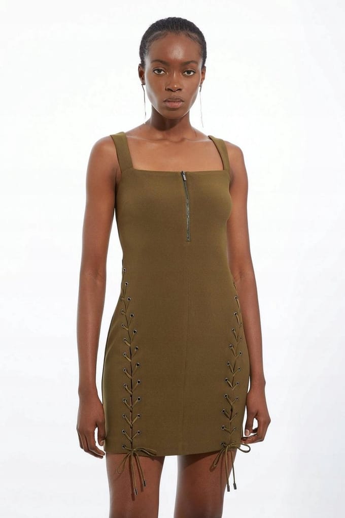 Karen Millen - Mini Jurk - Olijfkleurig - Met strik en rits - Petite