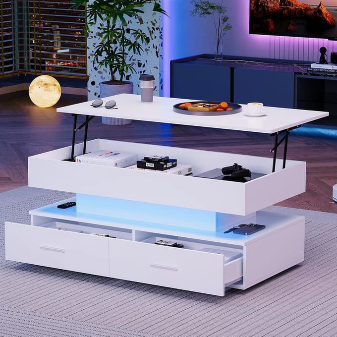 Goeria 100 x 50 x 44 cm Hydraulic Height Adjustable Coffee Table, LED Lighting, Bluetooth App Control, 2 Drawers and Open Storage Space, White Folding Coffee Table