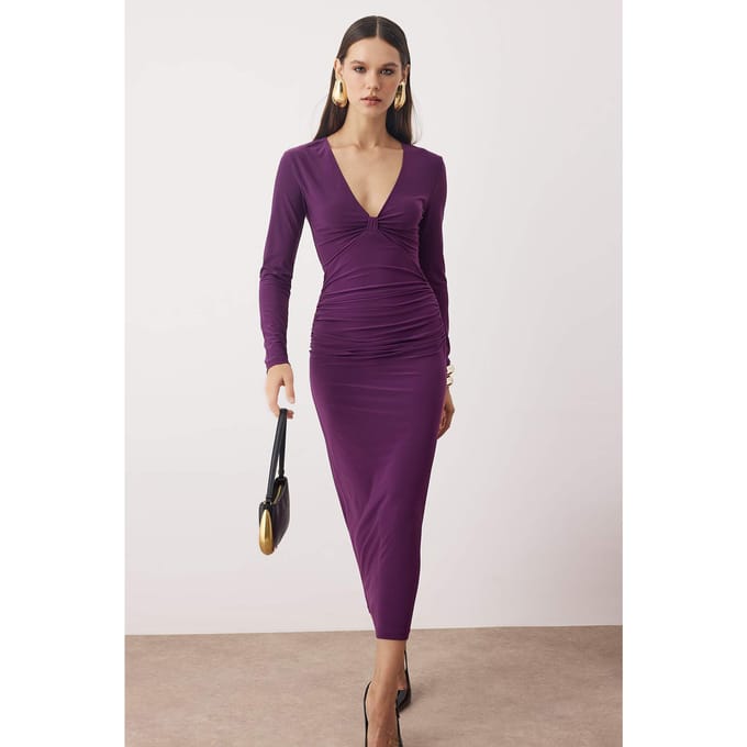 Paarse platte maxi cocktailjurk voor dames, lange bodycon jurk