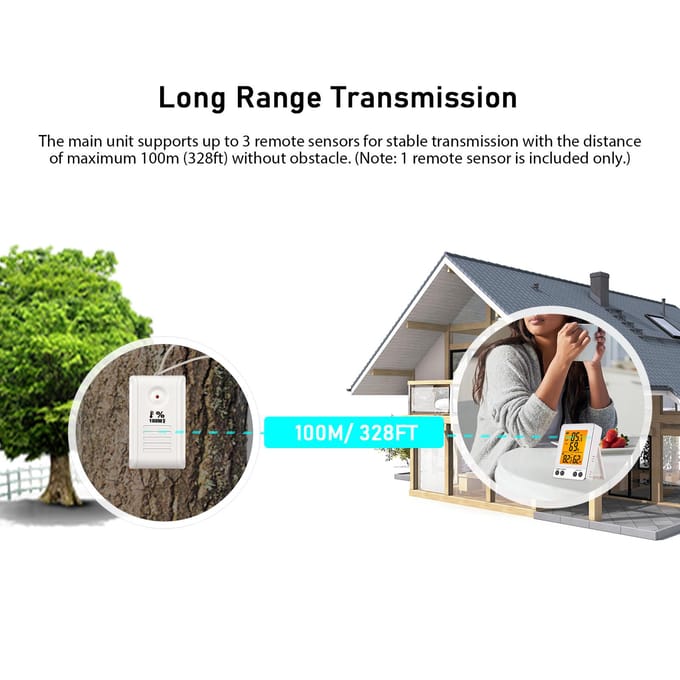 Digitale Thermo-hygrometer voor Binnen en Buiten met Afstandsbediende Sensor 328ft 100m Achtergrondverlichting Thermometer wit