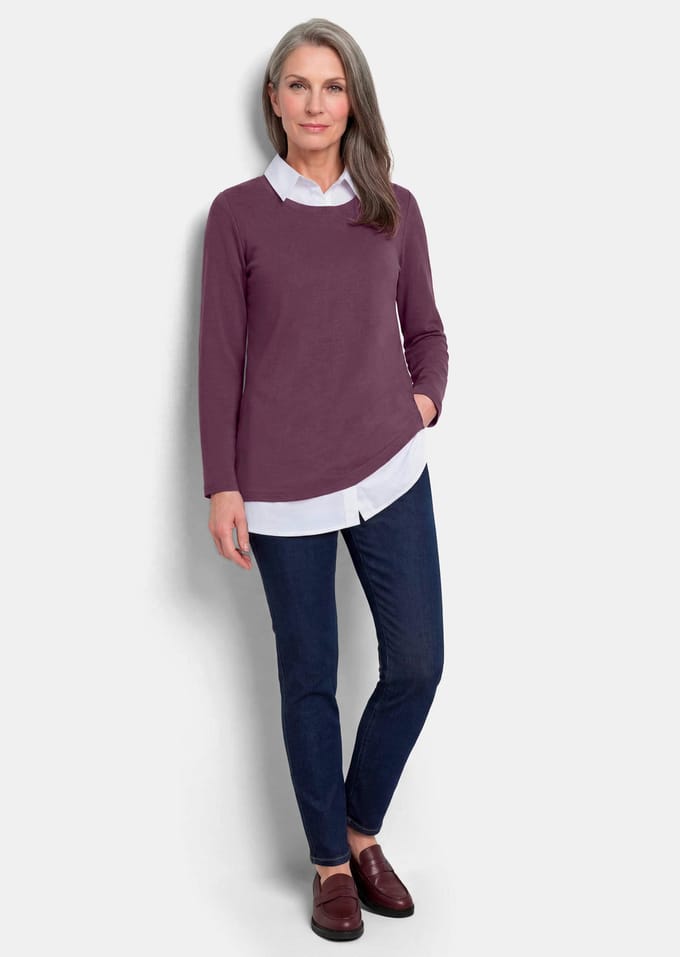 Sweatshirt in 2-in-1-look - bessen / wit - Gr. 54 van Goldner Fashion