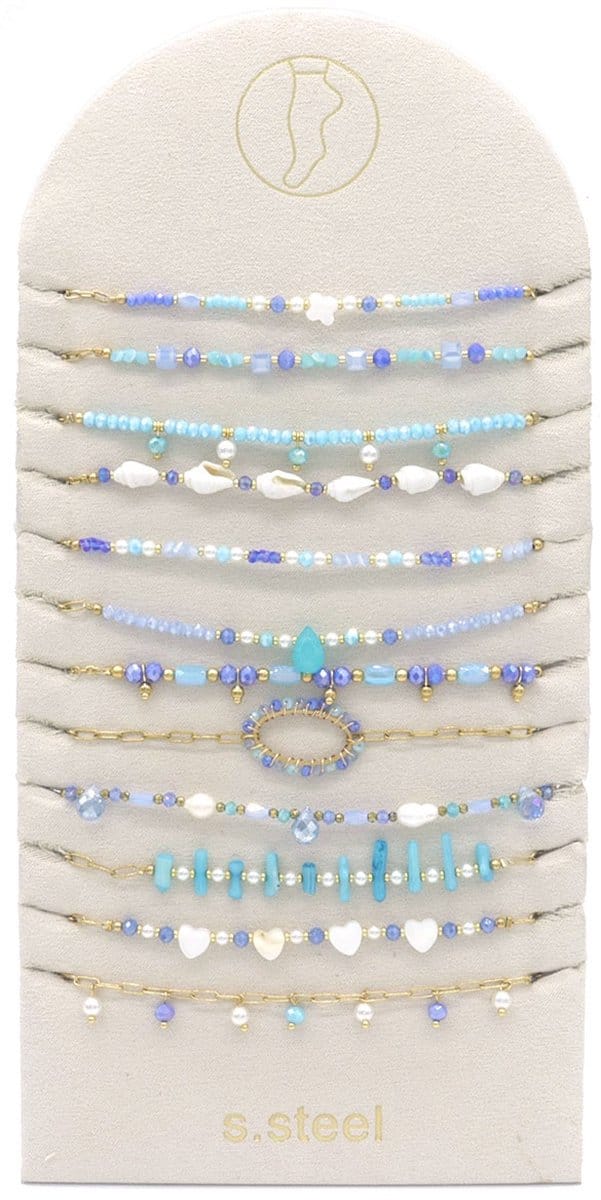 Enkelbandjes - set van 12 - RVS - blauw - kralen