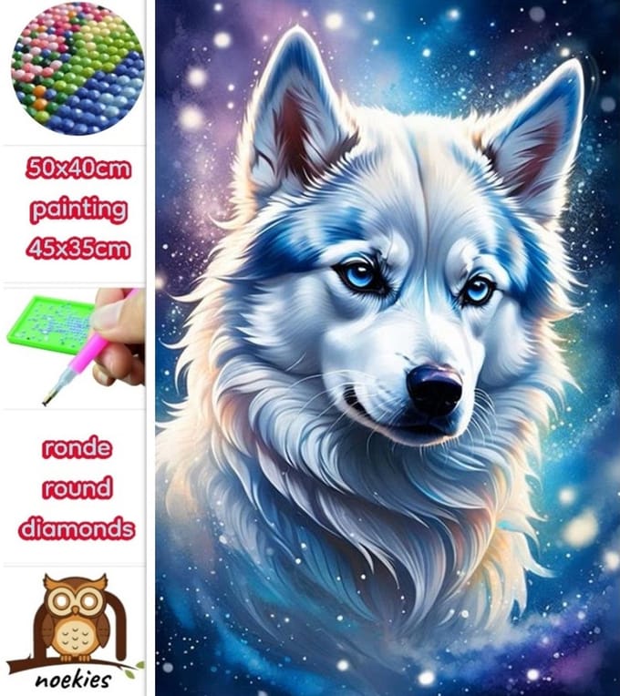 50x40cm Diamond Painting wolf blauwe ogen (rond) nr 125
