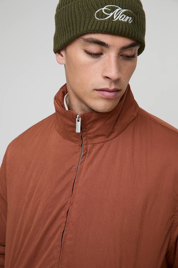 Regular Fit Funnel Neck Nylon Mono Padded Bomber Jacket | Chocolate | Size Medium