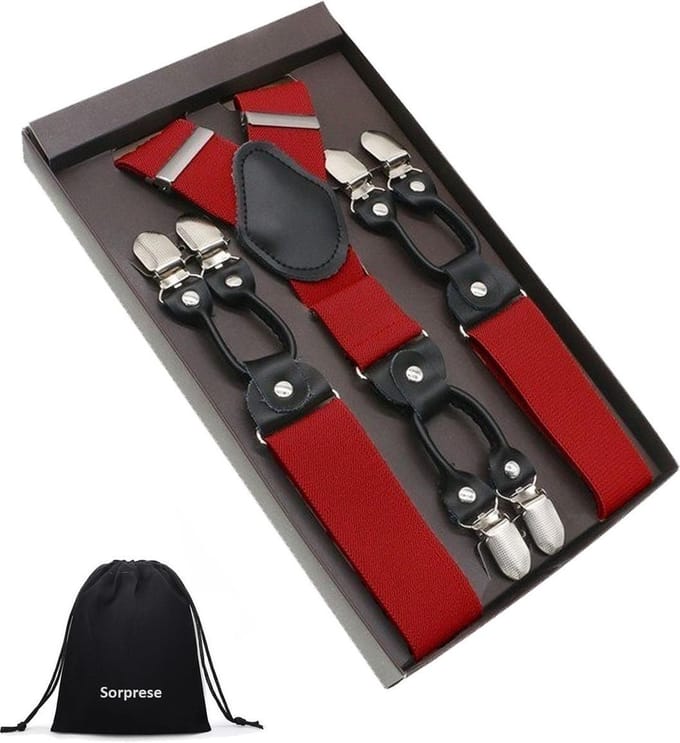Luxe chique – heren bretels – rood effen - 6 extra stevige clips – zwart leer