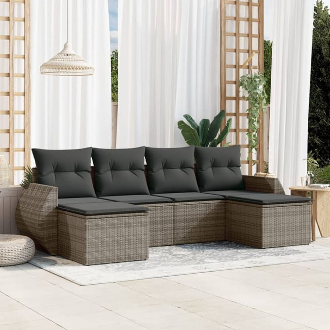 vidaXL - 6-delige - Loungeset - met - kussens - poly - rattan - grijs