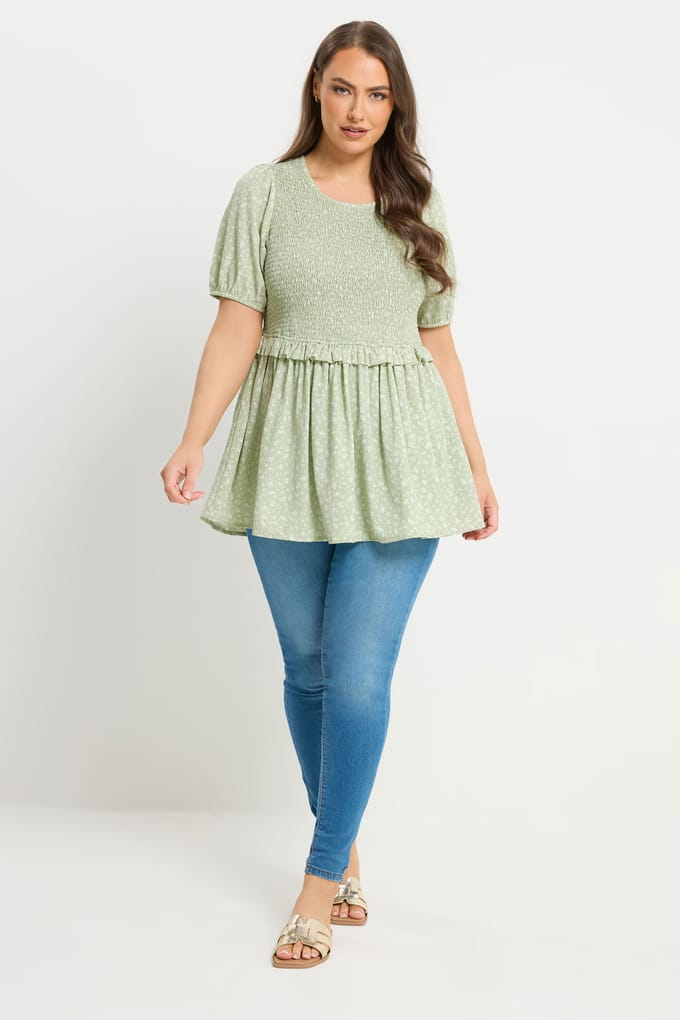 Yours Groene Top Met Kleine Bloemenprint En Plooitjes Size 42