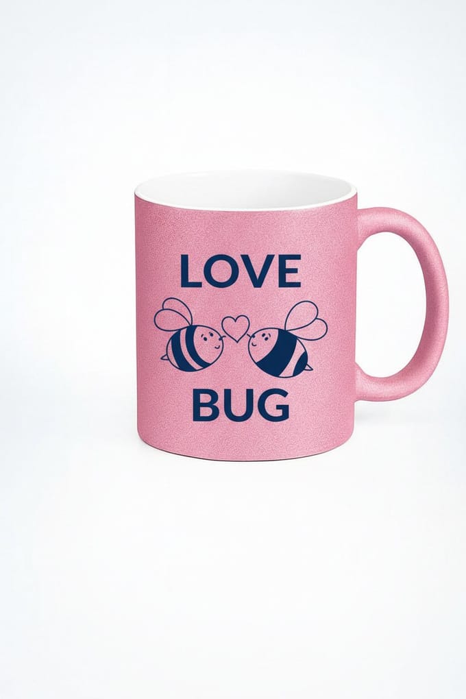 Roze Glitter Love Bug Mok met Lieve Bijtjes en Hart - Romantisch Cadeau