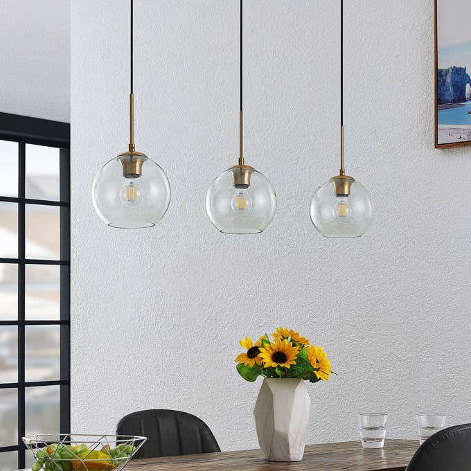 Lindby - hanglamp - 3lichts - Staal, glas - H: 17.5 cm - E27 - messing, transparant, zwart