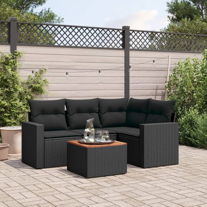 vidaXL - 5-delige - Loungeset - met - kussens - poly - rattan - zwart