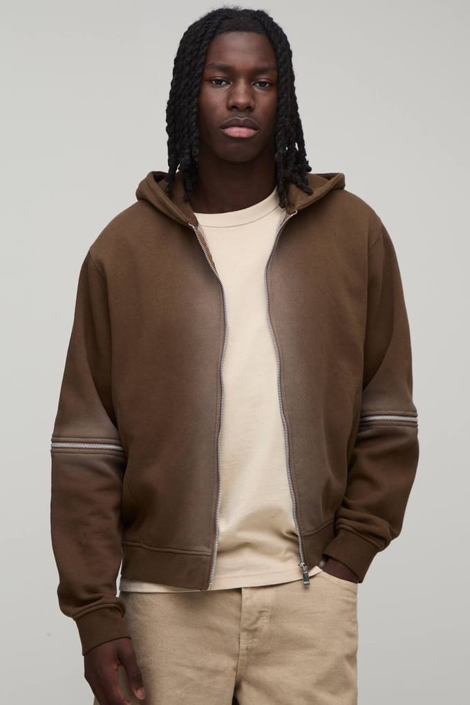 Boxy Hoodie Met Ritssluiting En Spray Wash | Brown | Size Medium