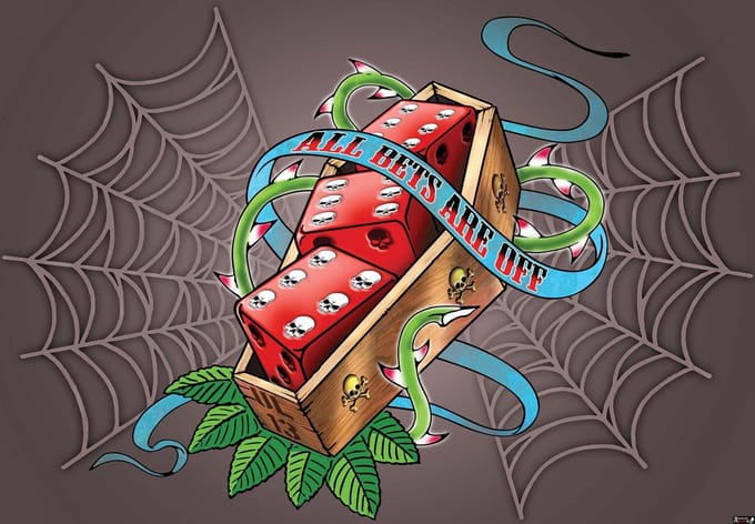 Fotobehang Alchemy Dice Tomb Skulls Spider Web | PANORAMIC - 250cm x 104cm | 130g/m2 Vlies